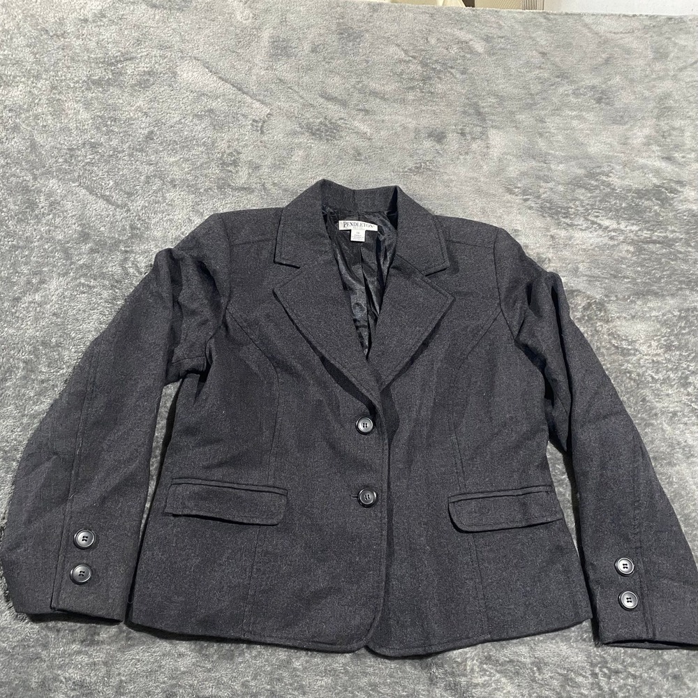 Pendleton Petite 14 Charcoal Gray 100% Virgin Wool Two Button Blazer Jacket